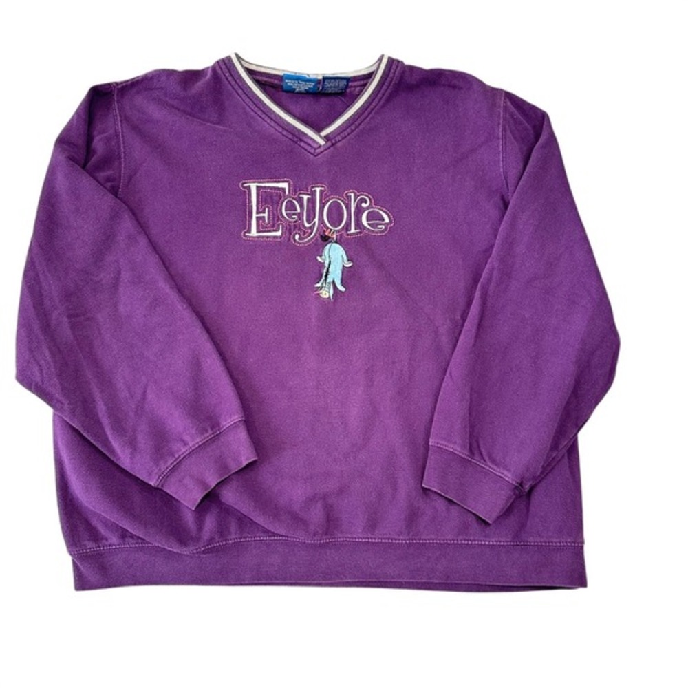 Vintage Disney Pooh Eeyore Purple V-Neck Sweatshirt Embroidered Extra Large XL